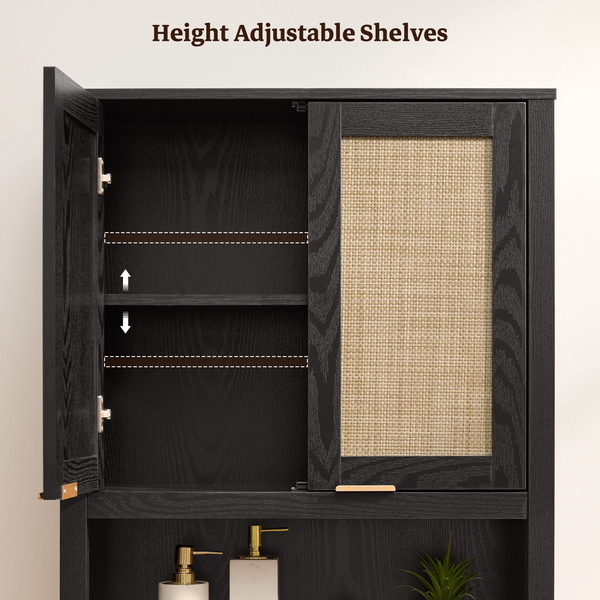 Over The Toilet Storage Cabinet with Adjustable Shelf, Bathroom Organizer Rattan Doors & Gold Handle, Black Oak - Image 3