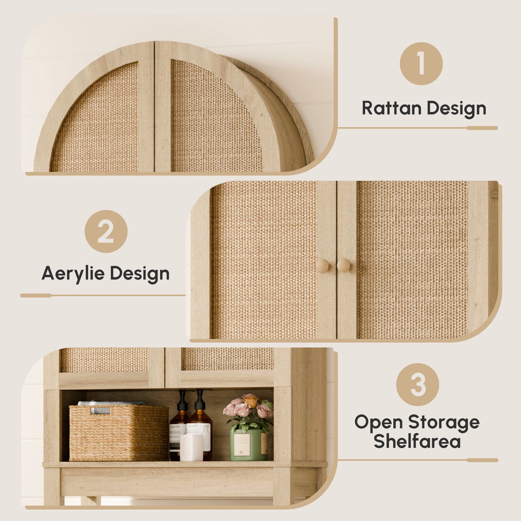 The Toilet Storage Cabinet, Bathroom Storage Shelf Organizer with Rattan Doors, Freestanding Above The Toilet Storage... - Image 3