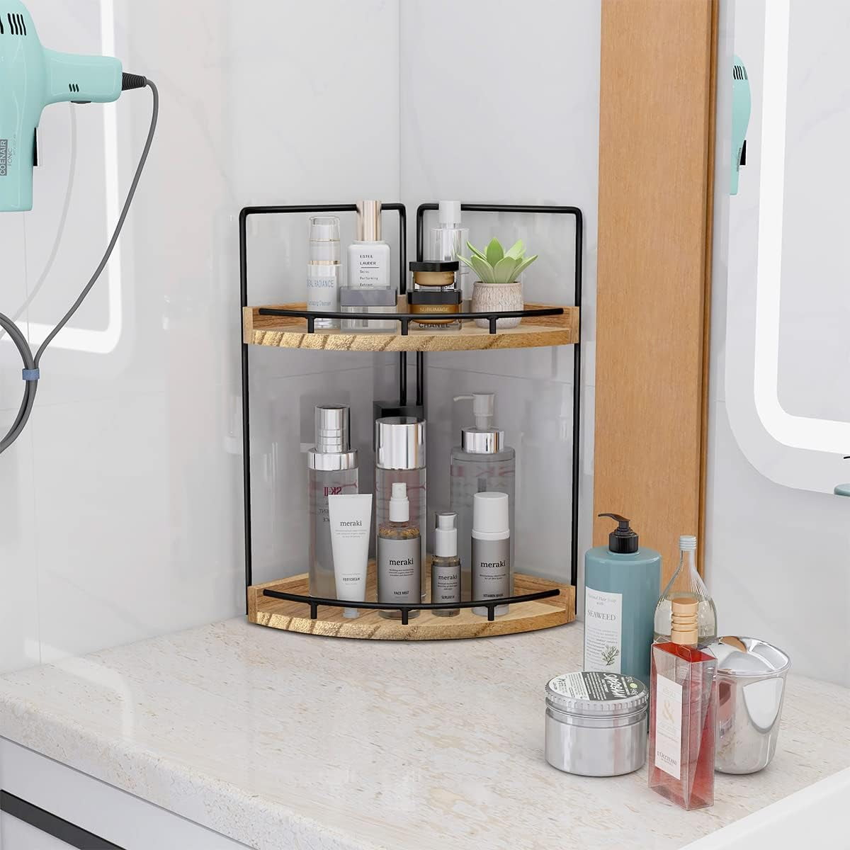 Bathroom Counter Organizer, 2-Tier Bathroom Corner Shelf Wooden Vanity Organizer, Countertop Bathroom Storage for Bat... - Image 4