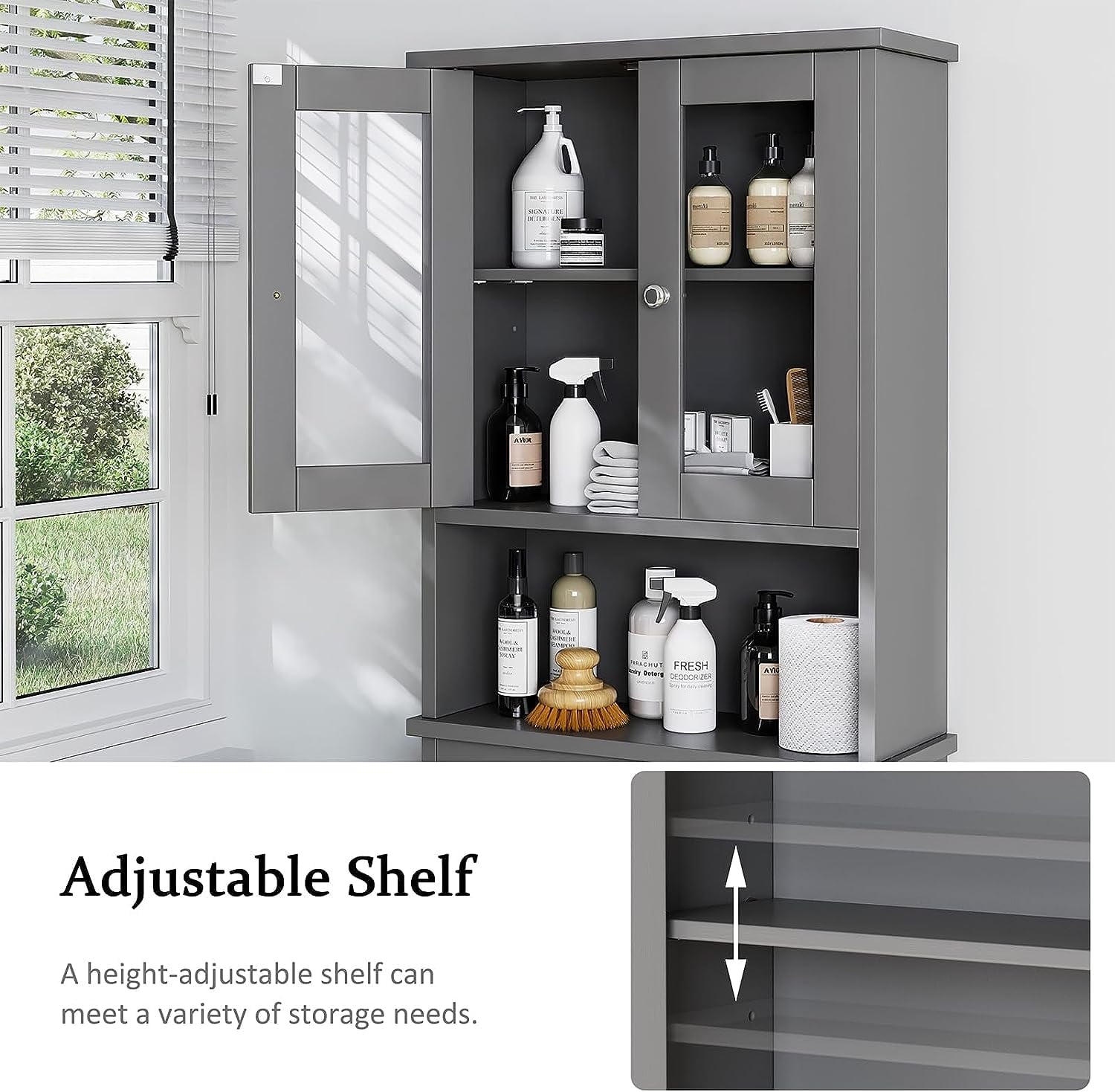 Sobaniilo Over The Toilet Storage Cabinet for Bathroom, Storage Organizer Over Toilet, Space Saver with Tempered Glass Doors, Gray - Image 6