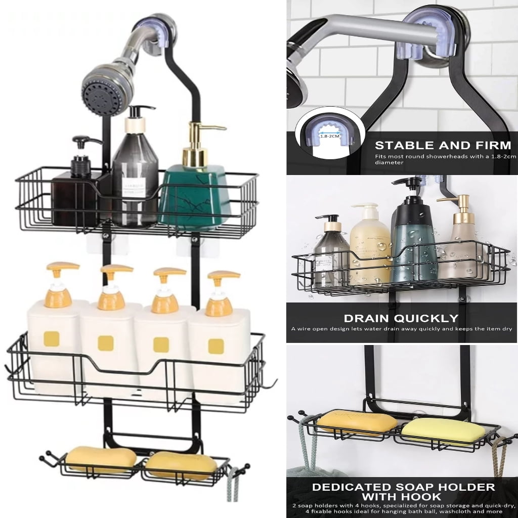 Over Head Shower Organizer, 3 Shelves Hanging Shower Caddy with Hooks, Bathroom Storage Rack for Razor Shampoo and Sponge, Rustproof, No Dri - Image 2
