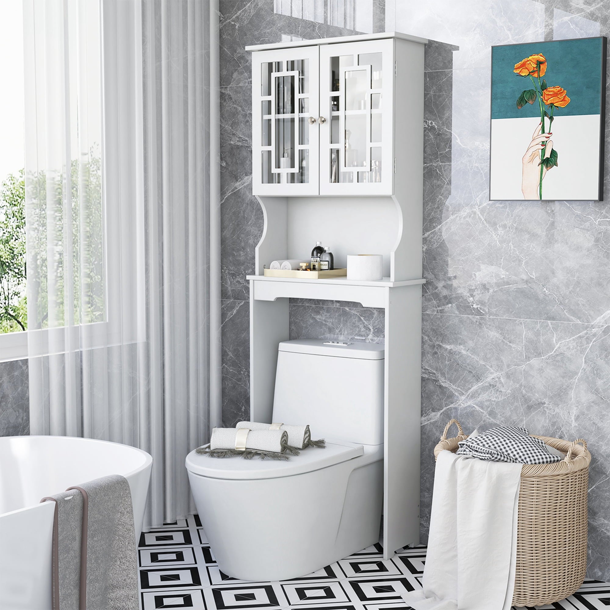 the Toilet Storage Bathroom Spacesaver Cabinet Tower Organizer Shelf & Doors White - Image 2