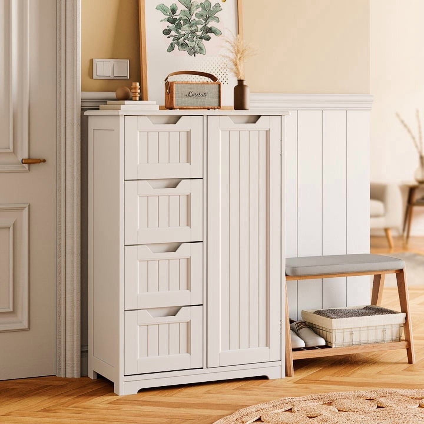 Aiho 33.5 "H Wooden Bathroom Storage Cabinet with 4 Drawers, a Cupboard and Adjustable Dividers for Bathroom,Living room,and Bedroom - White - Image 6