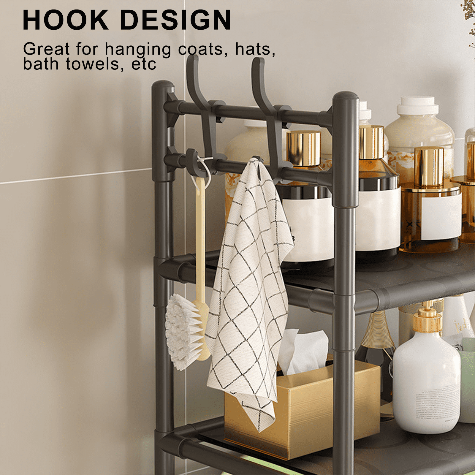 Clearance! Over The Toilet Storage Shelf, 3-Tier Above Toilet Storage Organizer Rack with Hooks, Freestanding Bathroom Tower Shelf Unit for - Image 4