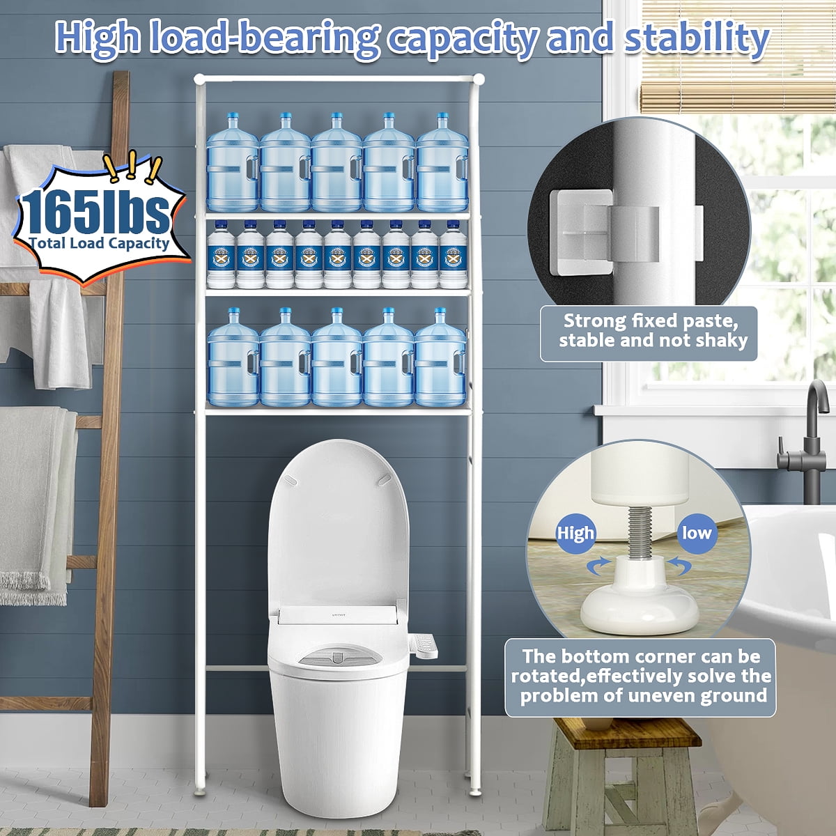 Over The Toilet Storage HONEIER  3 Tier Bathroom Shelf with Towels Hanging Rod, 62*24 inch Metal Bathroom Organizer Storage Rack, White - Image 4