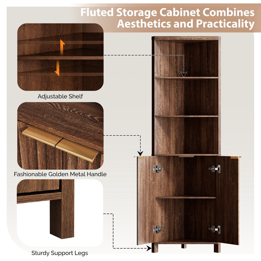 Bathroom Cabinet with Fluted Double - doors, 5 - Tier Freestanding Storage, Walnut - Image 6