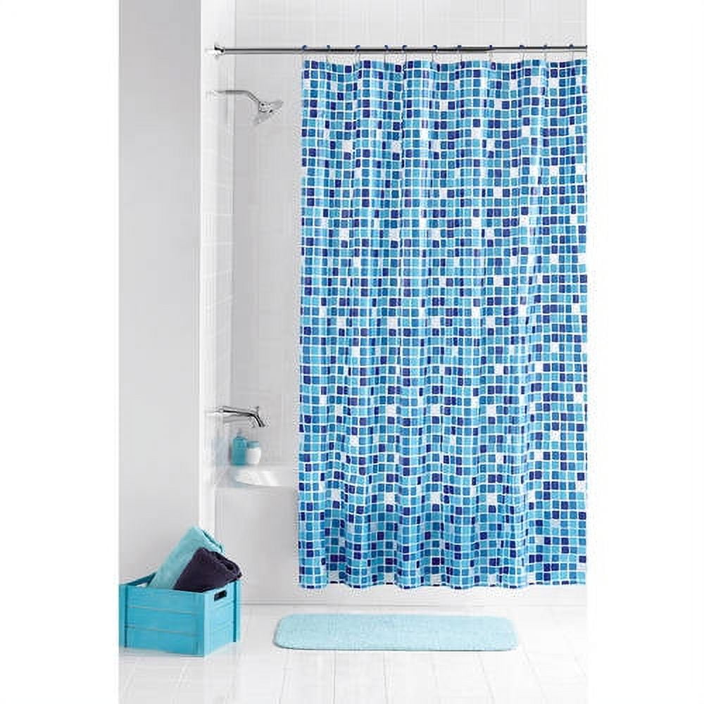 Mainstays Shower Curtain Set: Blue PEVA Curtain with 12 Roller Shower Hooks, Mosaic Medallion Design - Image 2