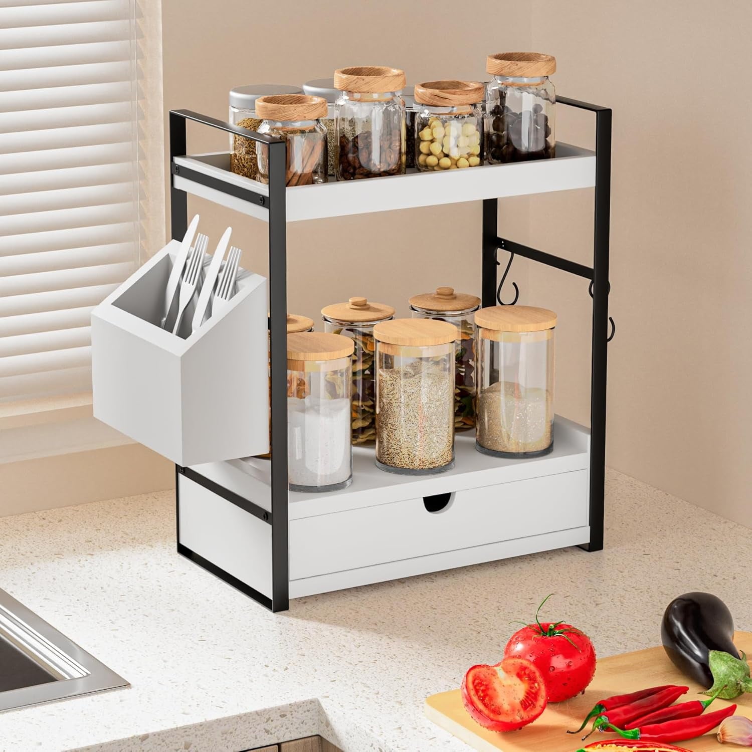Gijjgole 2-Tier Bathroom Counter Organizer with Drawer and Basket, Wood Countertop Organizer for Storage, Skincare Organizers for Vanity, Co - Image 3