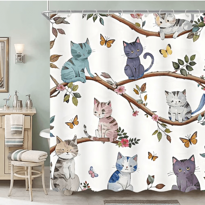 Kids Cute Cat Shower Curtain, Cartoon Pet Kitten Cute Watercolor Pattern Bathroom Shower Curtain Decor, Cute Animal F... - Image 3
