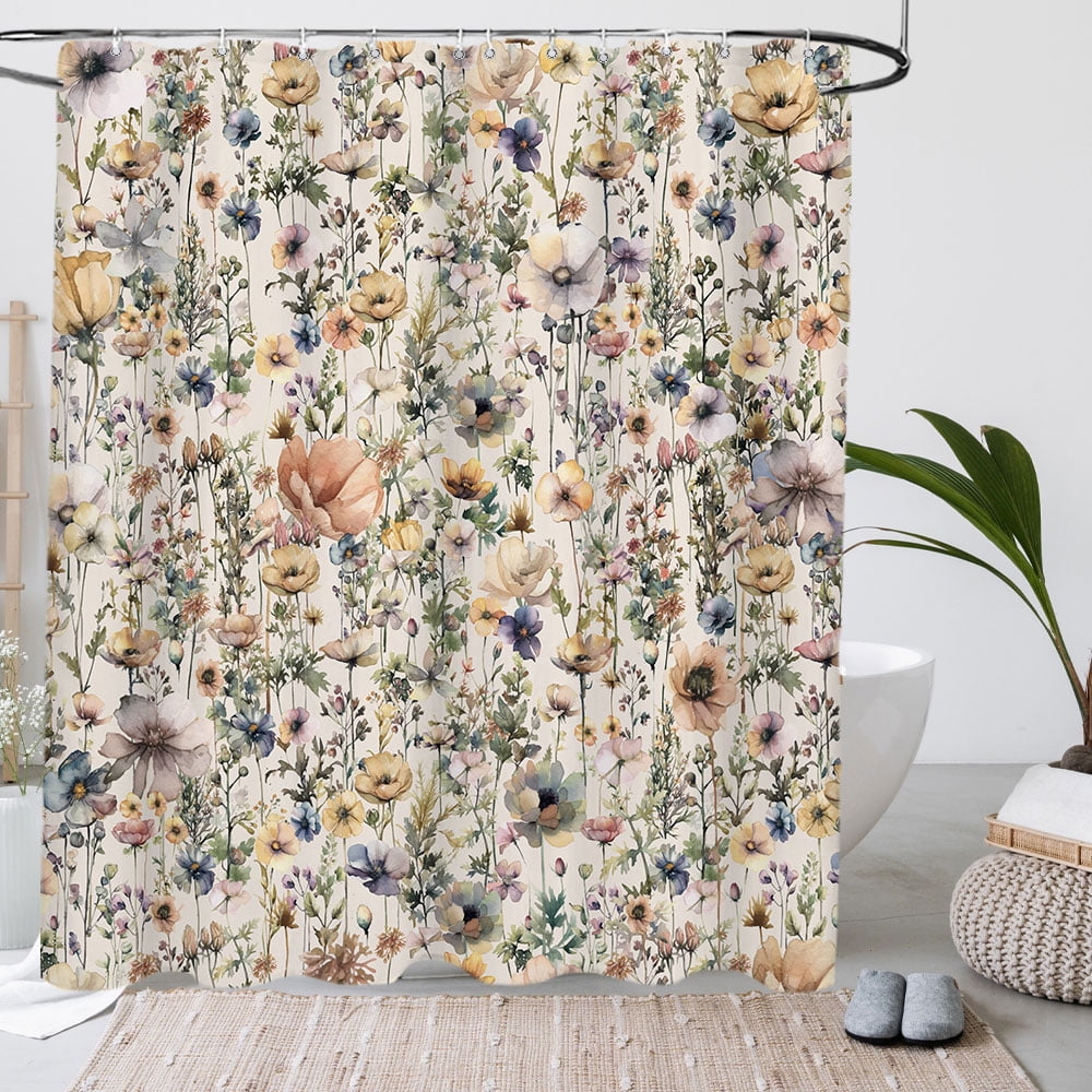 Curtain for Bathroom,Rustic Boho Wildflower and Beige Botanical Fabric 4 Pcs Curtain with Hooks,Spring Country Theme ... - Image 3