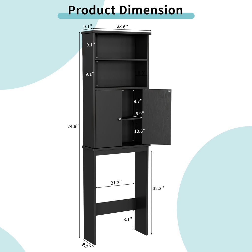 the Toilet Storage Cabinets Wood Bathroom Organizer Shelf Rack Space Saver with 2 Doors 4 Shelves Anti-Tip Device Black - Image 6