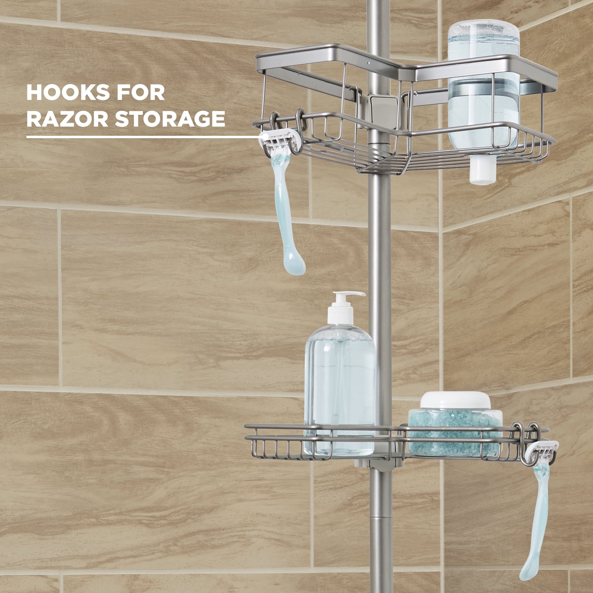 Adjustable Tension Steel Shower Pole Caddy, 4 Shelves, Satin Nickel - Image 6