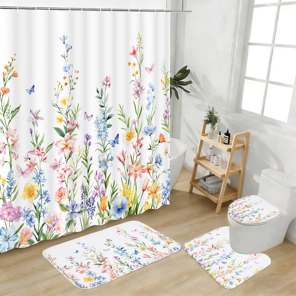 FRAMICS 16-Piece Floral Shower Curtain Sets with Rugs, Watercolor Wildflower Bathroom Sets with Hooks, Waterproof Fabric Bathroom Curtain, M - Image 2