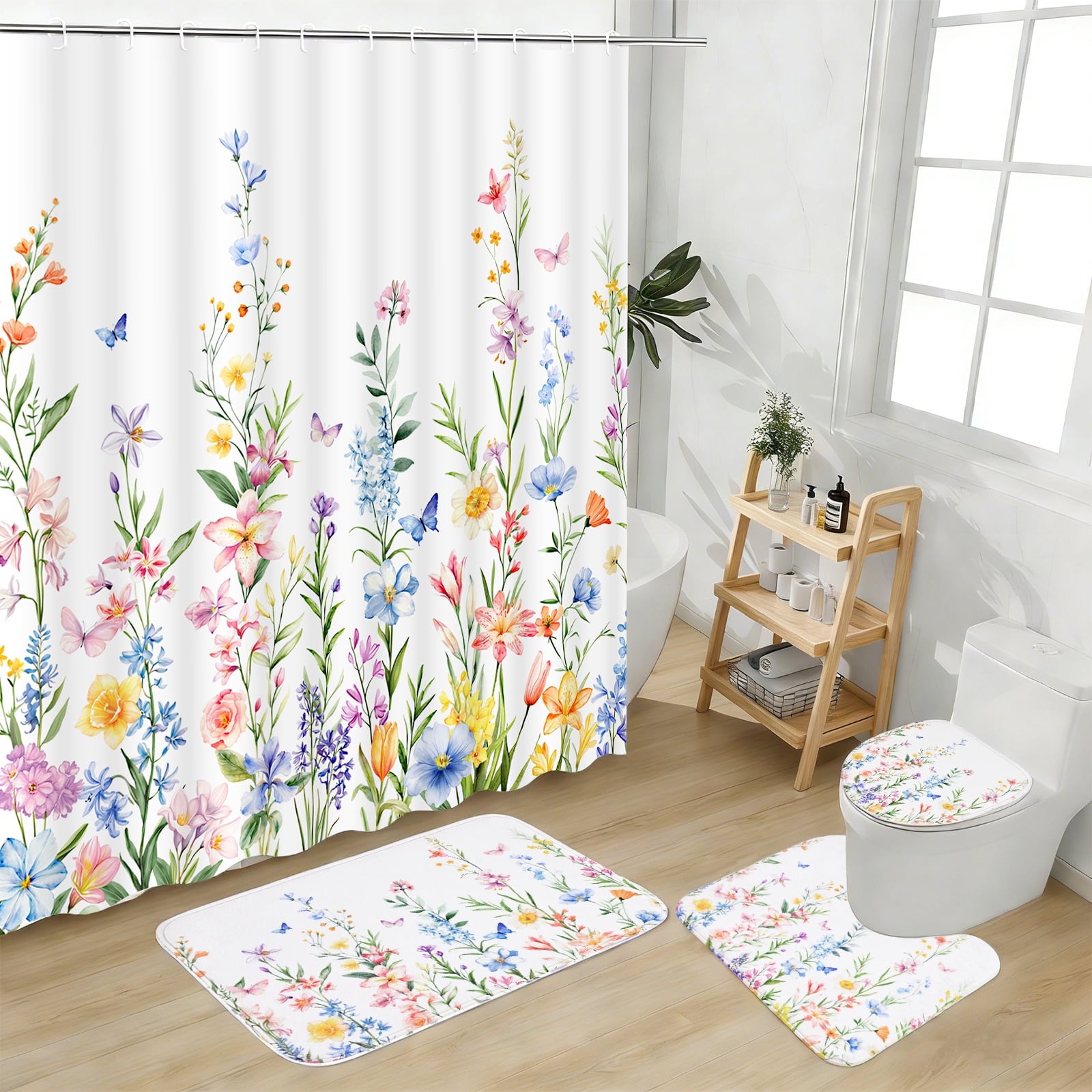 FRAMICS 16-Piece Floral Shower Curtain Sets with Rugs, Watercolor Wildflower Bathroom Sets with Hooks, Waterproof Fabric Bathroom Curtain, M - Image 2