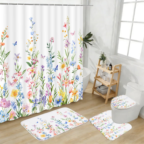 FRAMICS 16-Piece Floral Shower Curtain Sets with Rugs, Watercolor Wildflower Bathroom Sets with Hooks, Waterproof Fabric Bathroom Curtain, M - Image 2