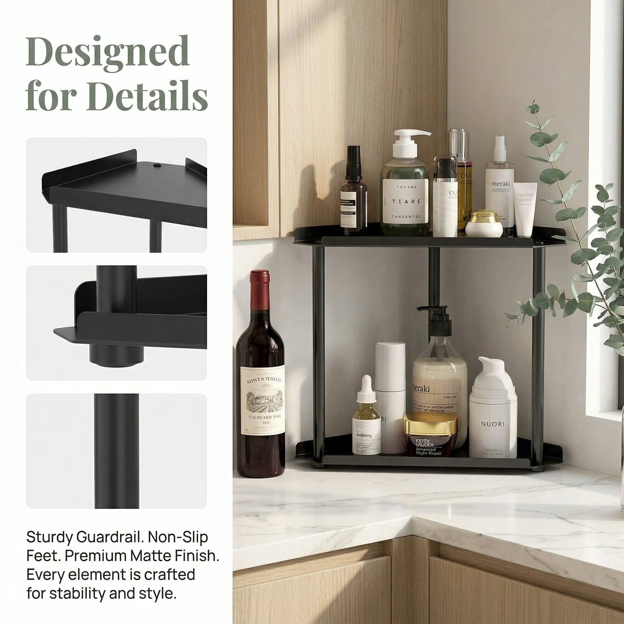 2-Tier Metal Corner Countertop Organizer, Sturdy Bathroom & Vanity Shelf with Guardrails, Space-Saving Storage for Ki... - Image 6