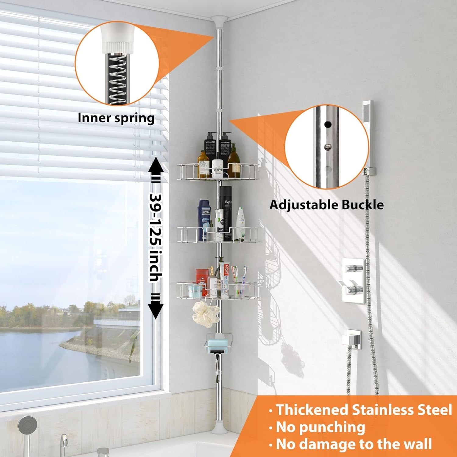 4-Shelf Stainless Steel Plastic Tension Pole Bathroom Corner Shower Caddy, Silver - Image 3