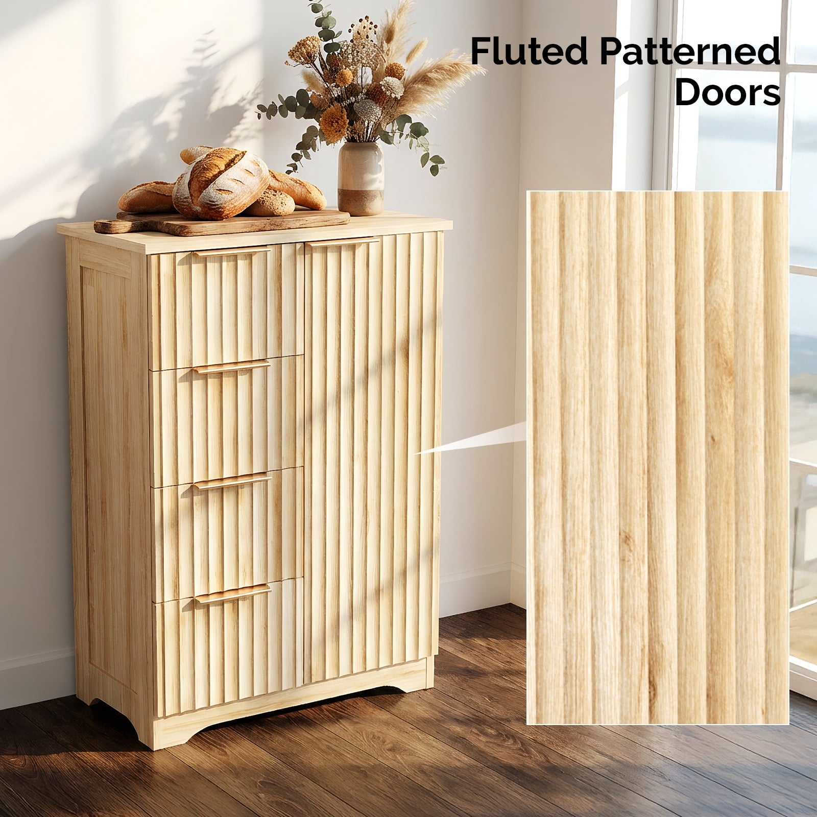 Bathroom Floor Cabinet, Fluted Storage Cupboard with 4 Drawers & 1 Door, Freestanding Wooden Organizer for Bathroom, ... - Image 2
