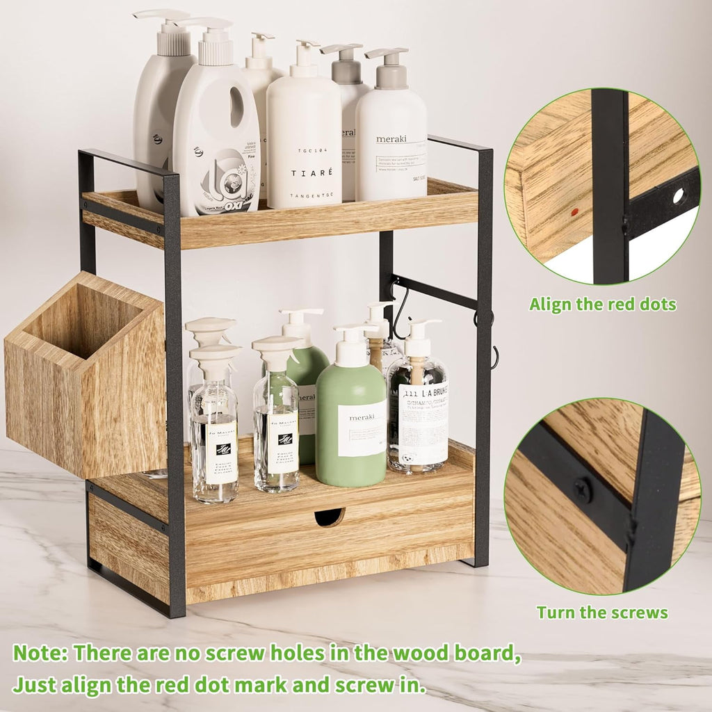 Gijjgole 2-Tier Bathroom Counter Organizer with Drawer and Basket, Wood Countertop Organizer for Storage, Skincare Organizers for Vanity, Co - Image 4