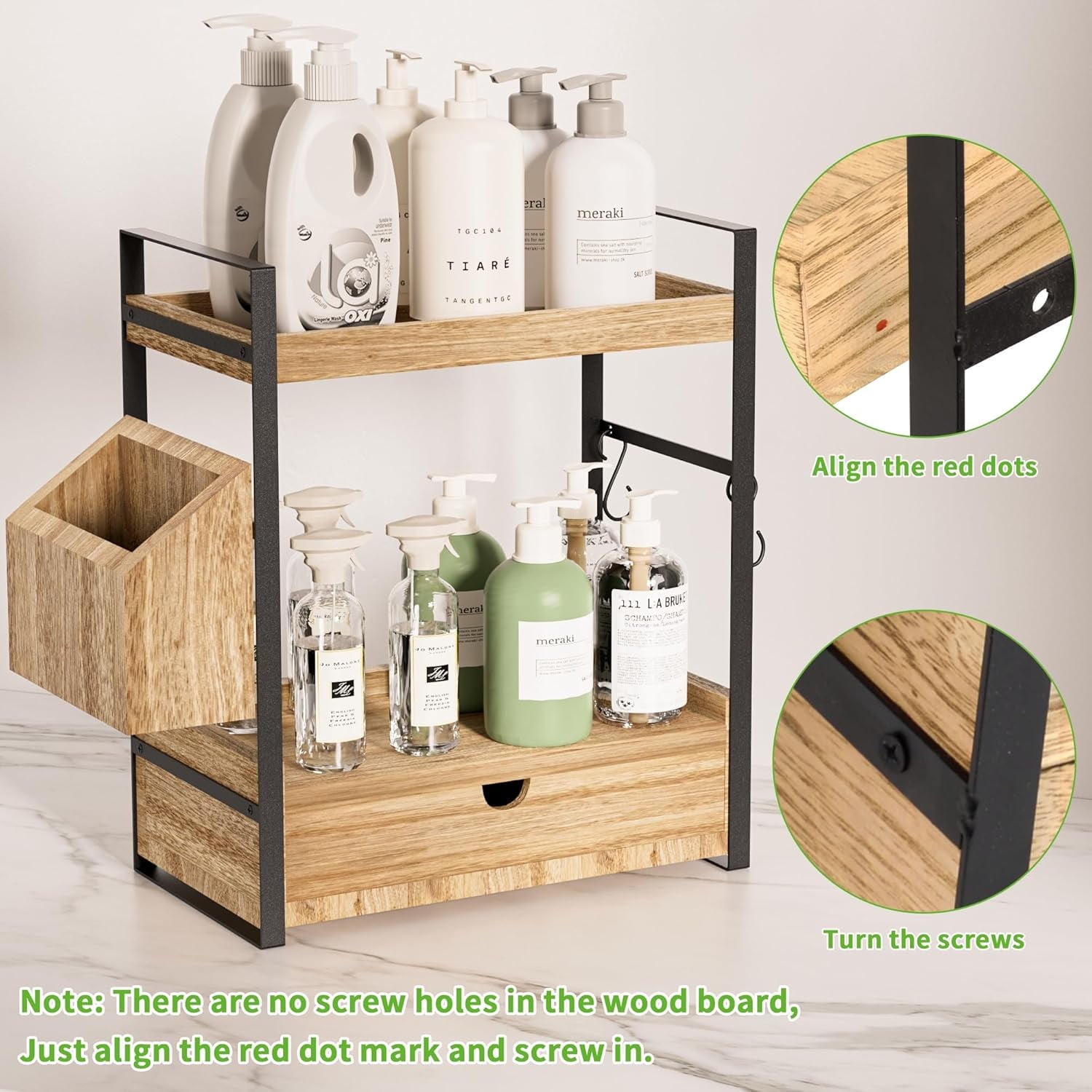 Gijjgole 2-Tier Bathroom Counter Organizer with Drawer and Basket, Wood Countertop Organizer for Storage, Skincare Organizers for Vanity, Co - Image 4
