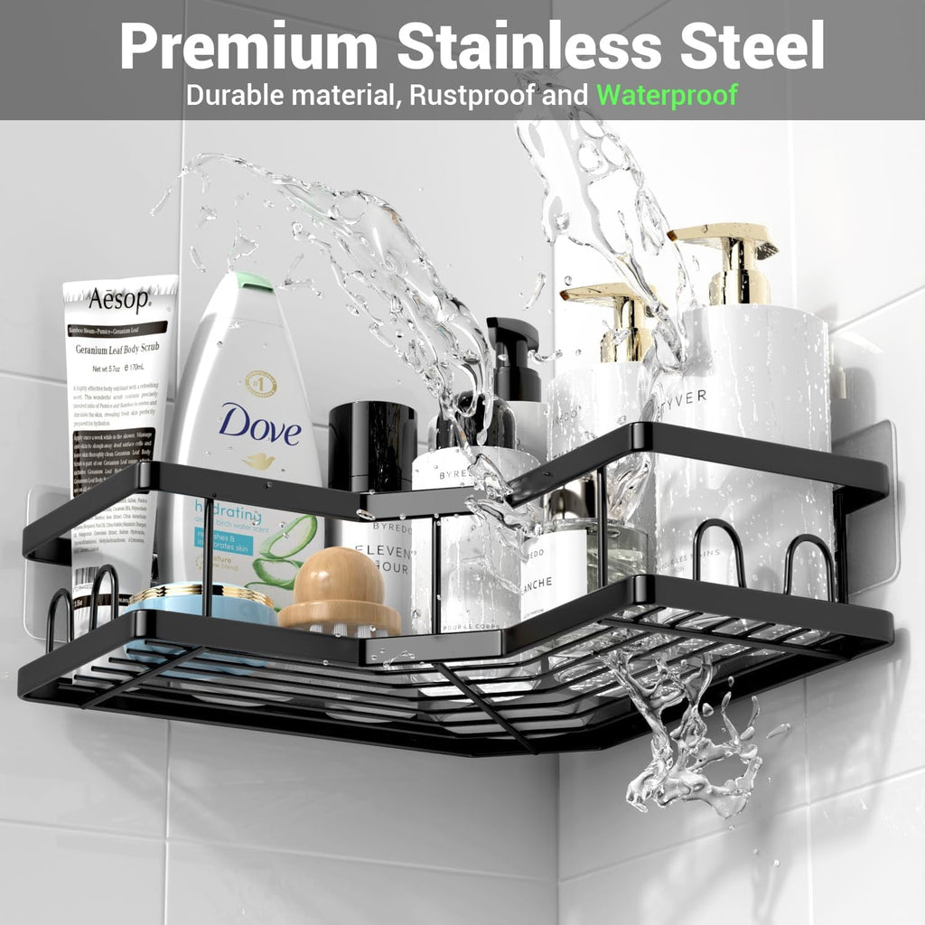 TINANA Corner Shower Caddy, 3 Pack Adhesive Shower Corner Organizer Shelves, Stainless Steel Shower Storage Rack with Hooks, Toothpaste & So - Image 4