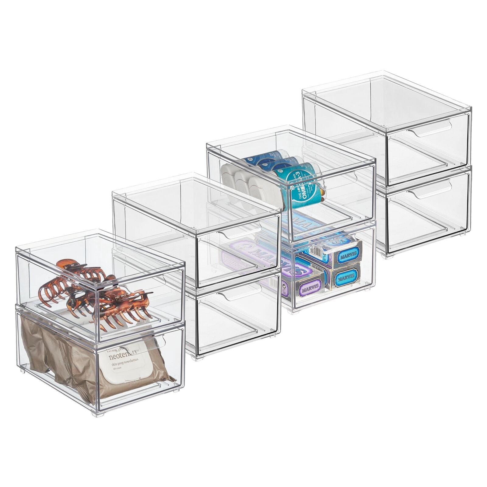 Plastic Stackable Bathroom Storage Organizer with Drawer, 8 Pack, Clear