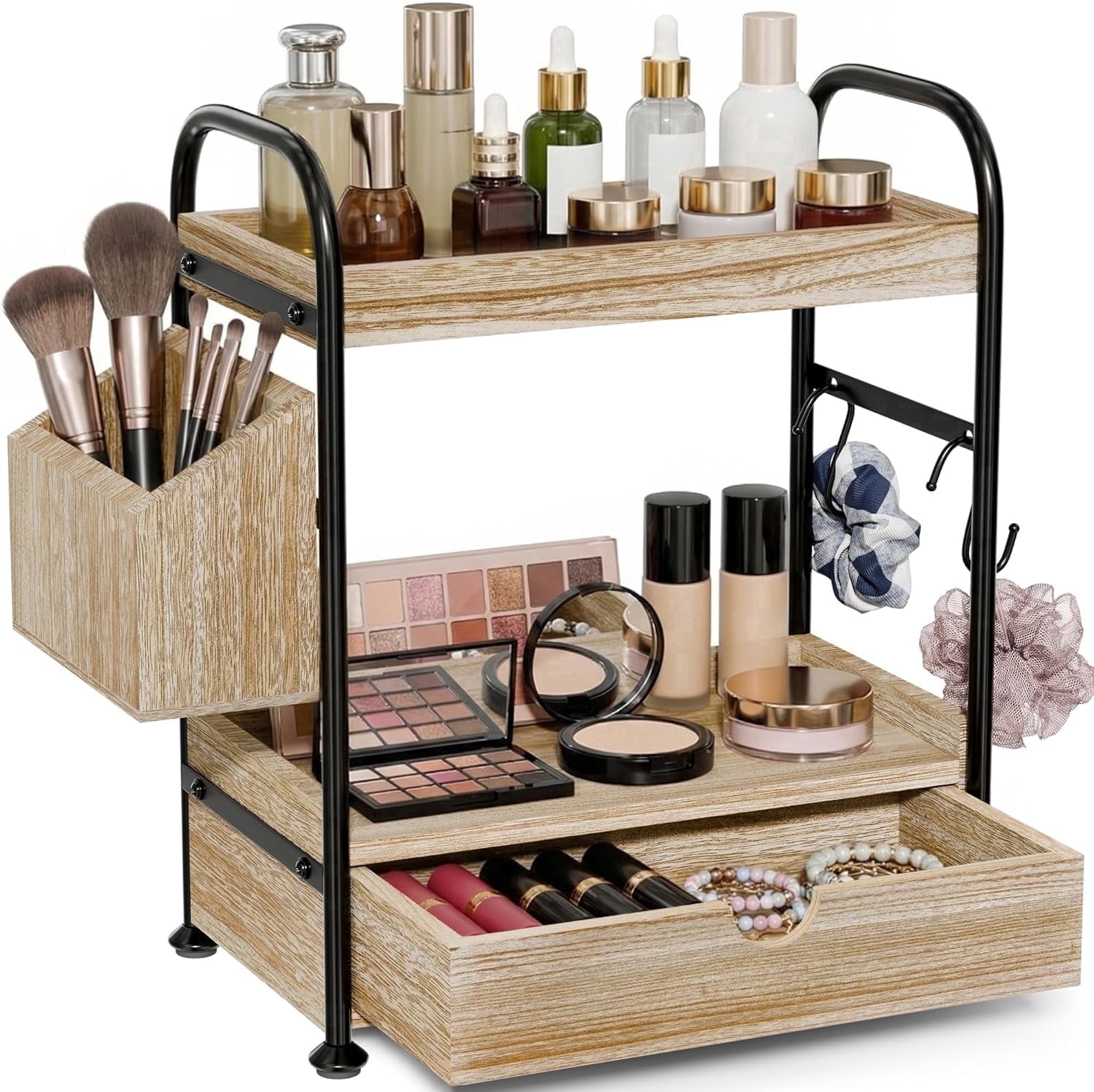 2 Tier Bathroom Counter Organizer with Drawer, Wooden Vanity Skincare Storage Shelf with Thickened Iron Frame, Countertop Shelves with Baske