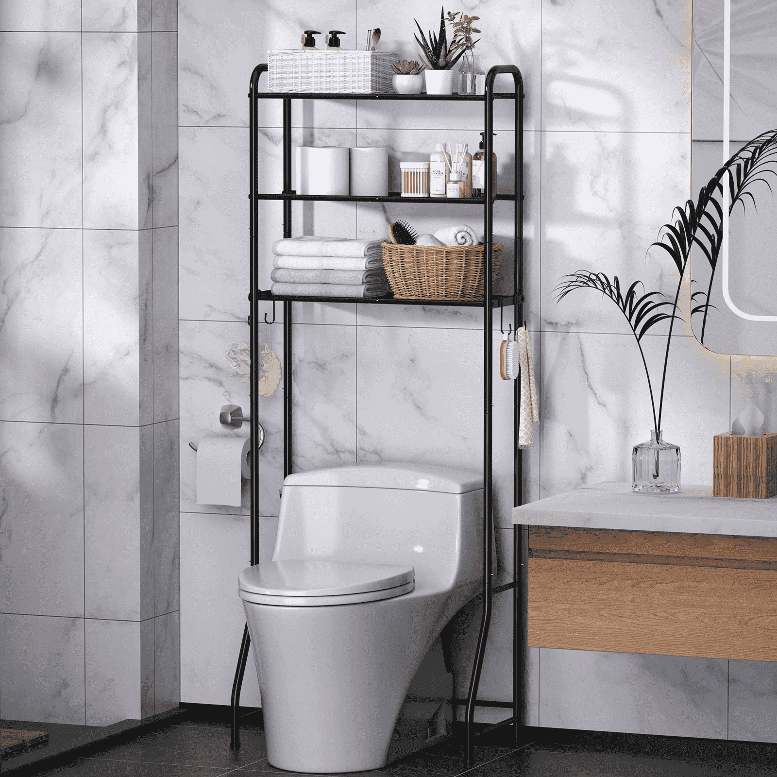 3 Over The Toilet Storage Rack, Bathroom Organizer Shelves Cabinet Above Toilet, Freestanding Shelf Space Saver, Black