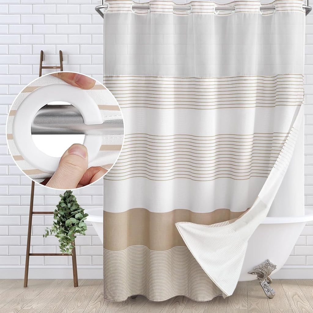 Curtain with Snap in Liner Set Cotton and Linen Blend Curtain for Bathroom Boho Farmhouse Beige Striped 75" L x 72" W