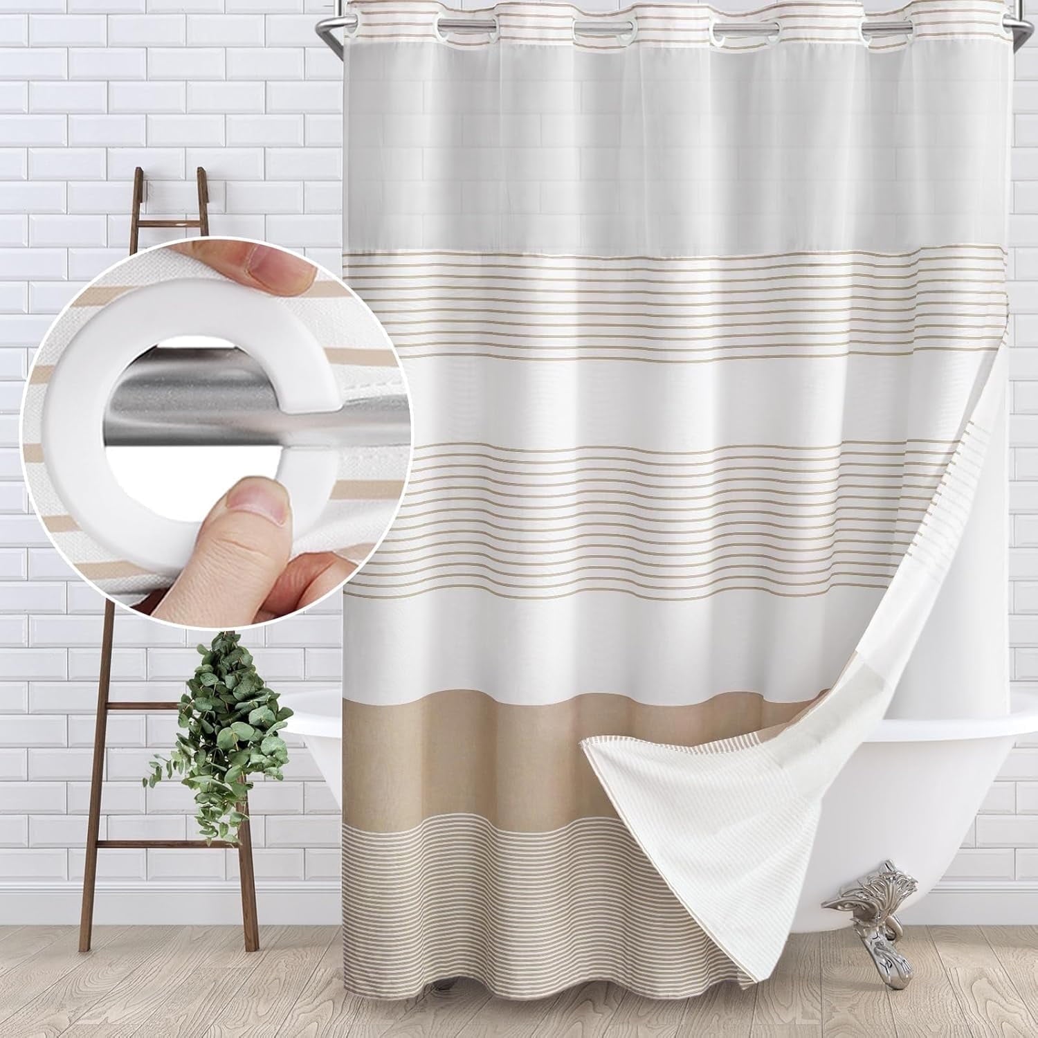Curtain with Snap in Liner Set Cotton and Linen Blend Curtain for Bathroom Boho Farmhouse Beige Striped 75" L x 72" W