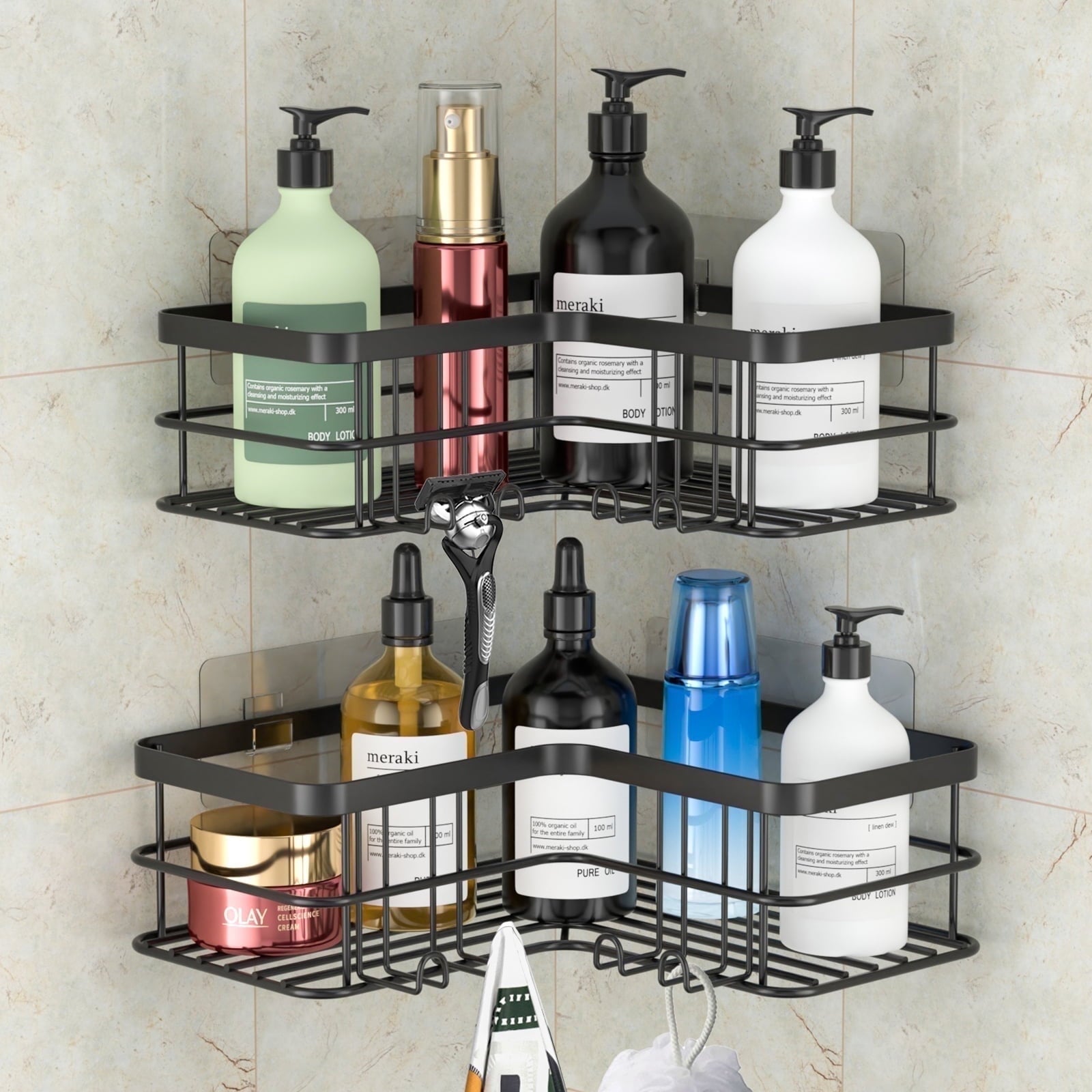 2-Shelf Caddy Corner, No Drill Rustproof Stainless Steel Bathroom Organizer Wall Mounted with 8 Hooks,Black