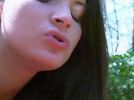 A horny, bald man and a young girl are having amazing sex, while by the river