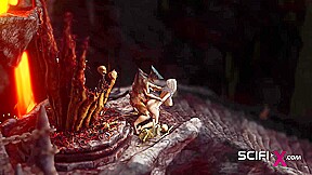 A horny hottie gets fucked by a male alien in the fire cave