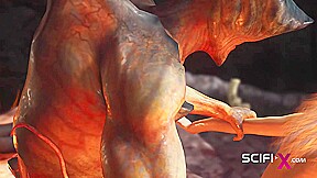 A horny hottie gets fucked by a male alien in the fire cave