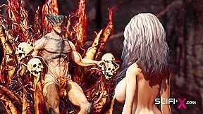 A horny hottie gets fucked by a male alien in the fire cave
