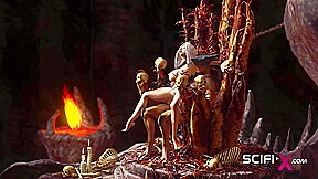 A horny hottie gets fucked by a male alien in the fire cave