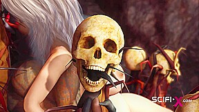 A horny hottie gets fucked by a male alien in the fire cave