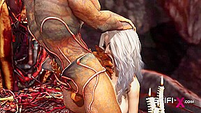 A horny hottie gets fucked by a male alien in the fire cave