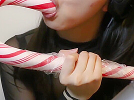 ASMR Asian Girl Sensually Licks HUGE Candy Cane