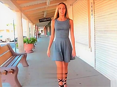 Amateur Averie flashing shaved pussy upskirt in public