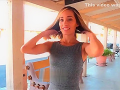 Amateur Averie flashing shaved pussy upskirt in public