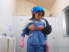 Asian maintenance lady cleans wrong part1