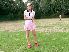 Asian slut takes it from behind in a golf course