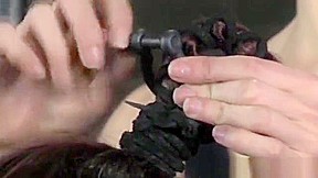 BDSM sub anally hooked to hair bondage