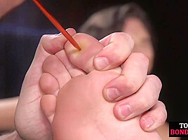 Ballgagged BDSM babe feet and pussytormented by CMNF master