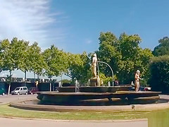 Bare small tits blonde running in public