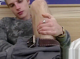 Beautiful twink teases with his feet and masturbates alone