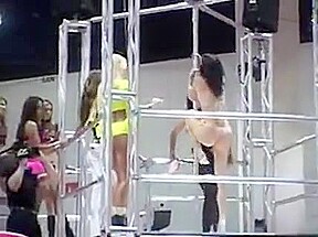 Big breasted women in bikinis and leather pole dancing