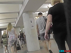 Bitch in skirt and g-string filmed by upskirting