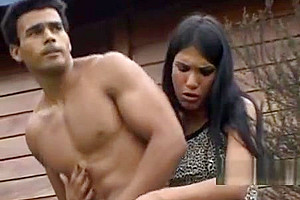 Brunette tranny fucks his ass outside